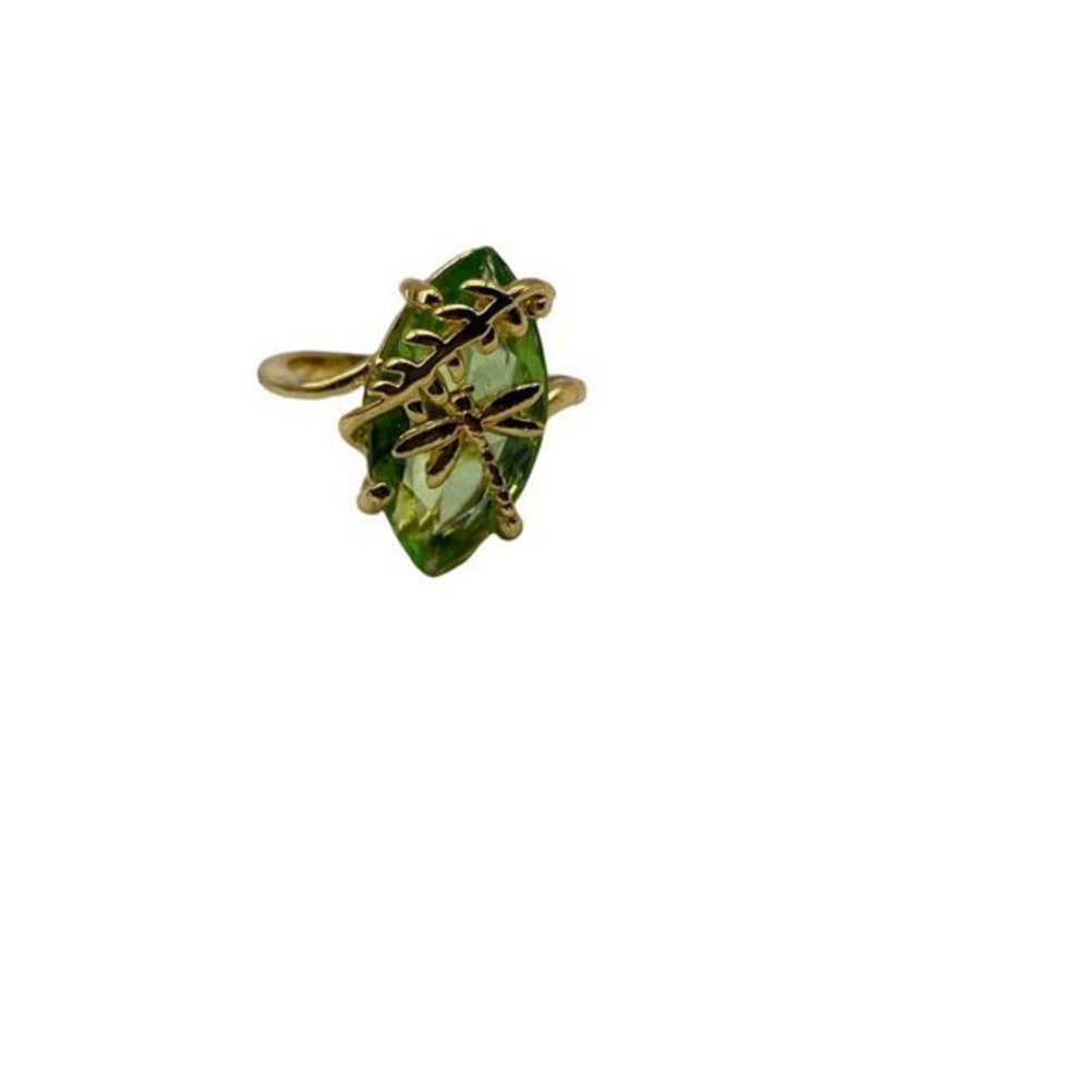 Chic Women’s  Dragonfly Leaf Oval Faux Gem Twist Finger Ring- Green and Gold - S